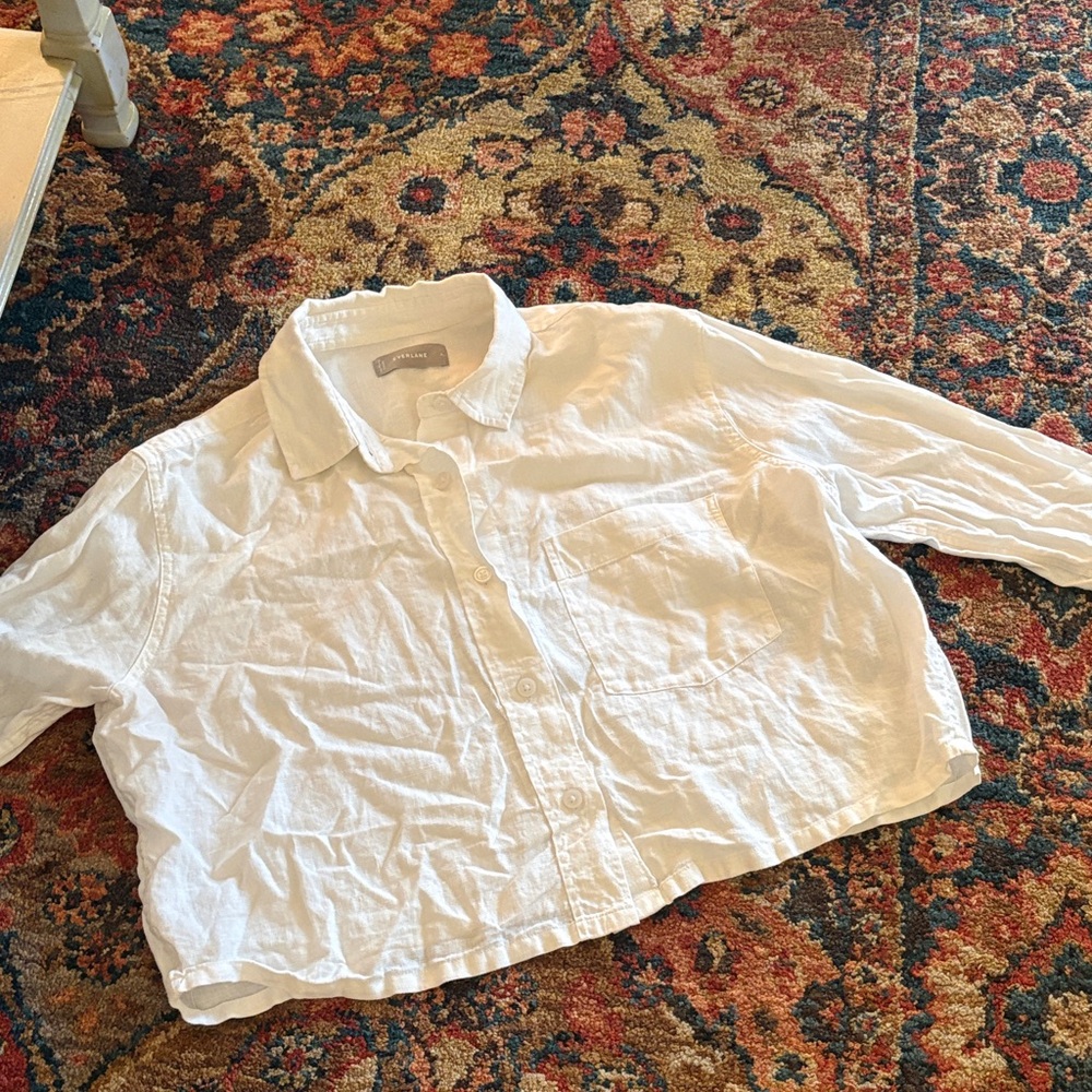 Everlane Women’s 100% Linen Cropped Crisp White Button-Down Shirt